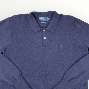 Vintage POLO by Ralph Lauren 100% Lambs Wool Mens Navy Polo Sweater Long Sleeve